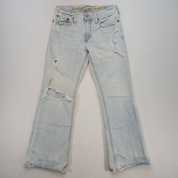 VTG American Eagle Jeans Mens 28x28 Blue Bootcut Low Rise Light Distressed Denim - Picture 1 of 12
